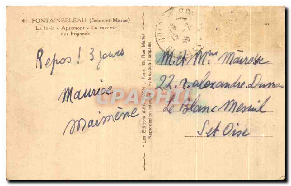 Fontainebleau - La forêt d'Apremont - La caverne des brigands — Les Editions d'Art Mon — Verso