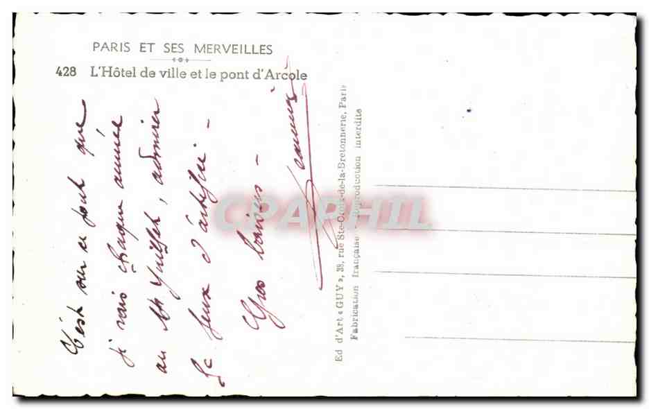 CPA Paris Et Ses Merveilles L'Hotel de ville et le Pont D'Arcole peniche  — Rückseite