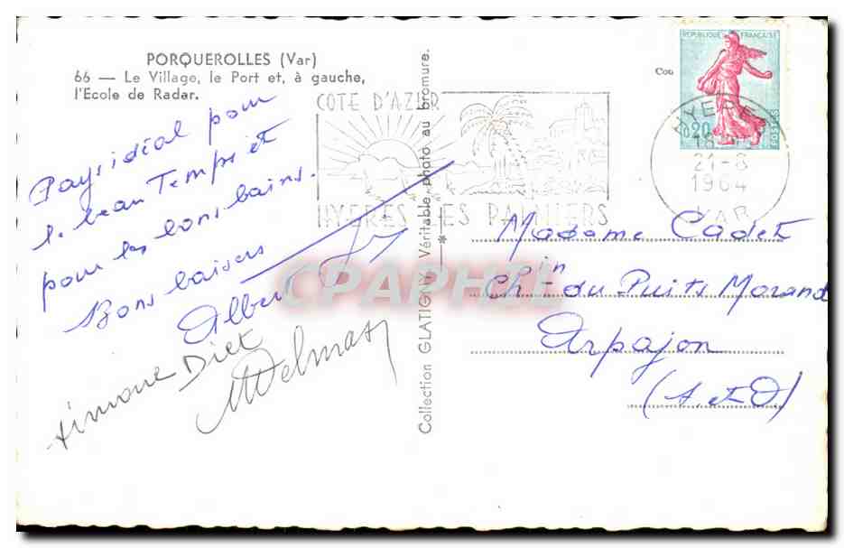 Porquerolles — Ansicht des Dorfes, des Hafens und der Radarstation — Côte d'Azur — Rückseite