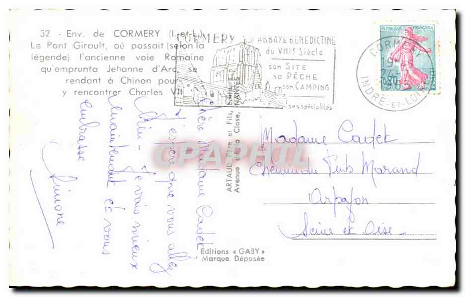 CPA Env de Cormery Le Pont Girault ou Passait l'ancienne voie Romaine qu'emprunta Jeanne d'arc — Rückseite