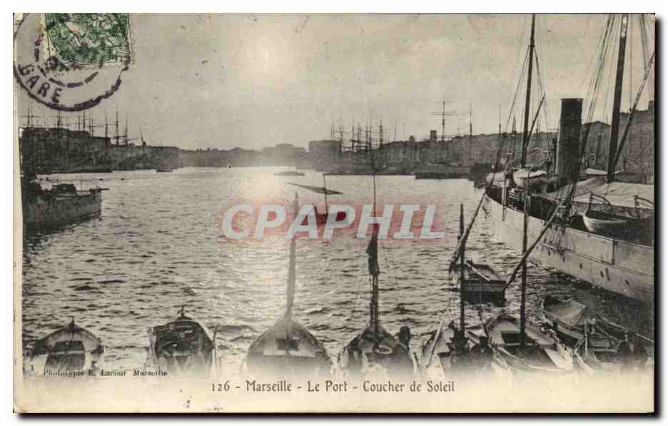CPA Marseille Le Port Coucher de Soleil Bateaux
