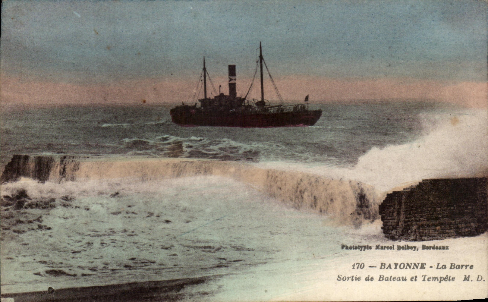 BAYONNE - La Barre — Sortie de Bateau et Tempête — Phototypie Marcel Delbey, Bordeaux, n°170