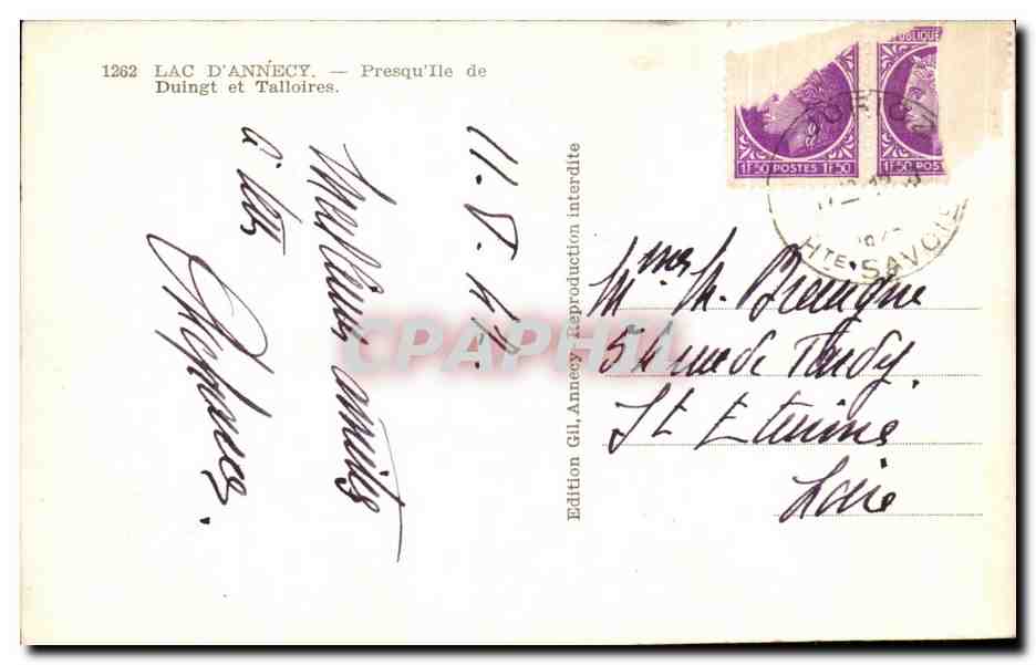 Lac d'Annecy — Presqu'île de Duingt et Talloires — Édition GIL, n°1262 — Verso