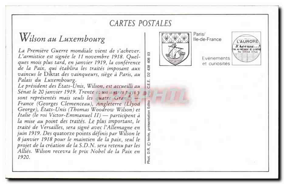 Arrivée du Président Wilson au Luxembourg — 20 janvier 1919 — Éditeur L'Aurore, Paris — Rückseite