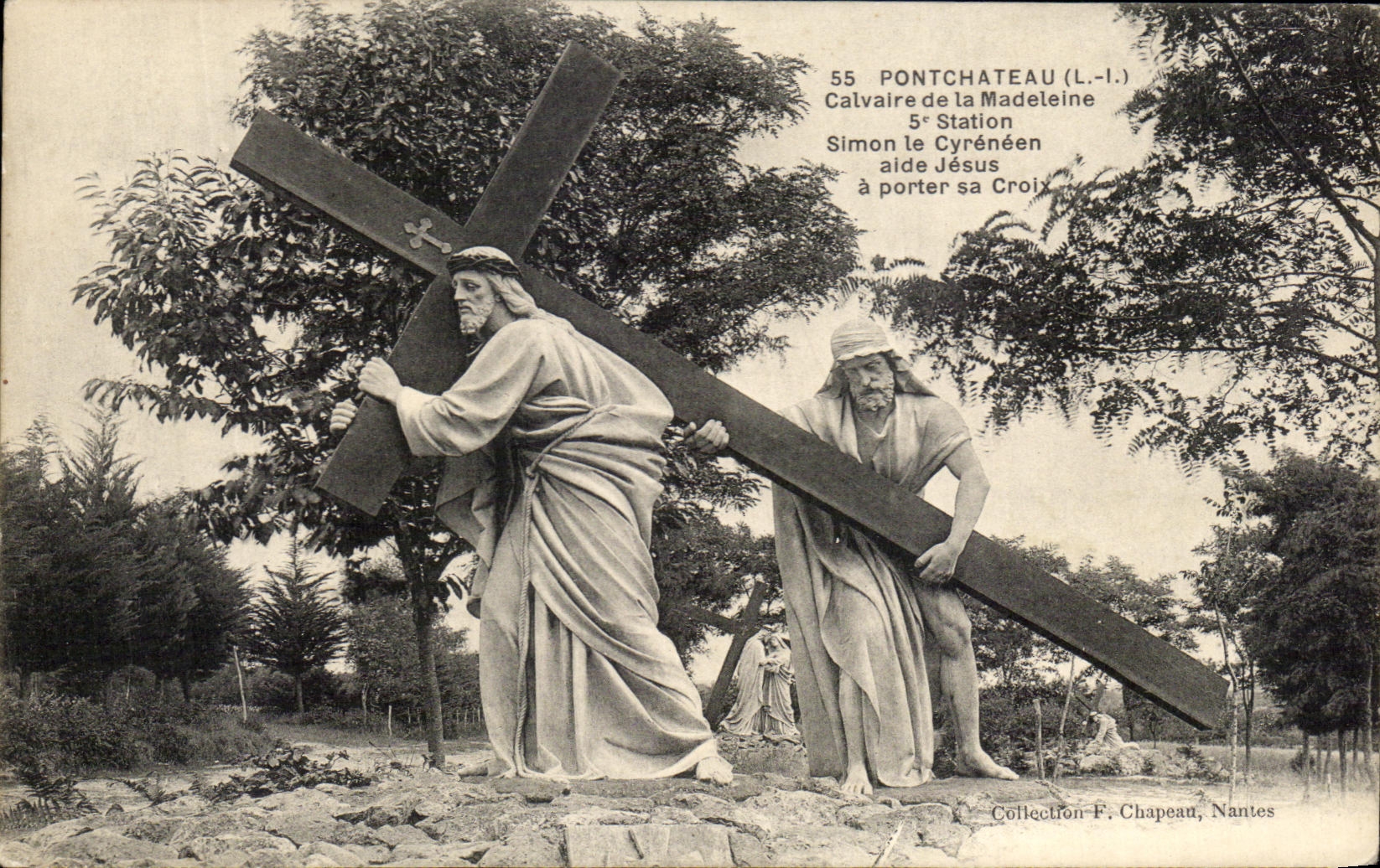 Calvaire de la Madeleine — 5. Station: Simon der Cyrenier hilft Jesus, sein Kreuz zu tragen — Sammlung F. Chapeau, Nantes