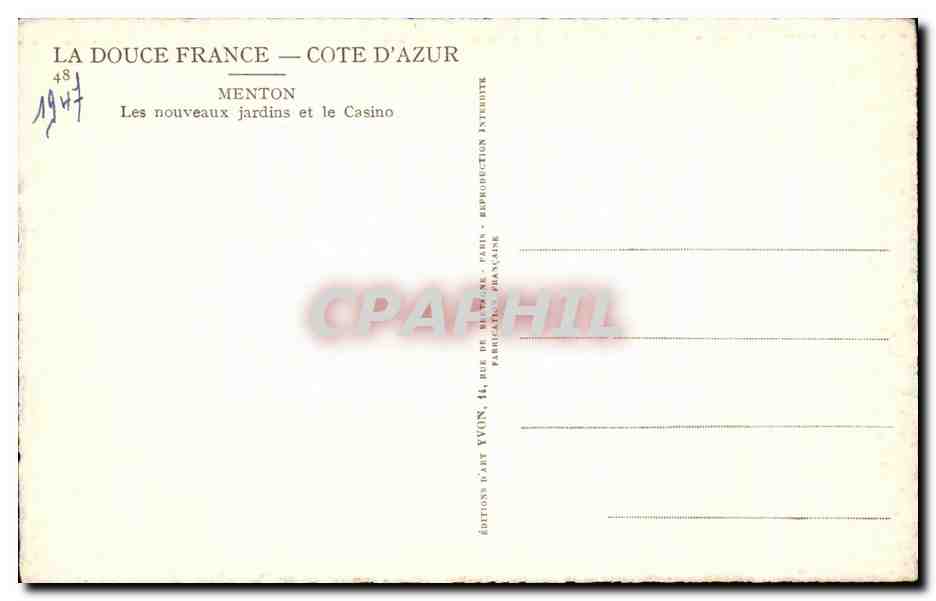 CPA Menton Les nouveaux Jardins et le Casino — Rückseite