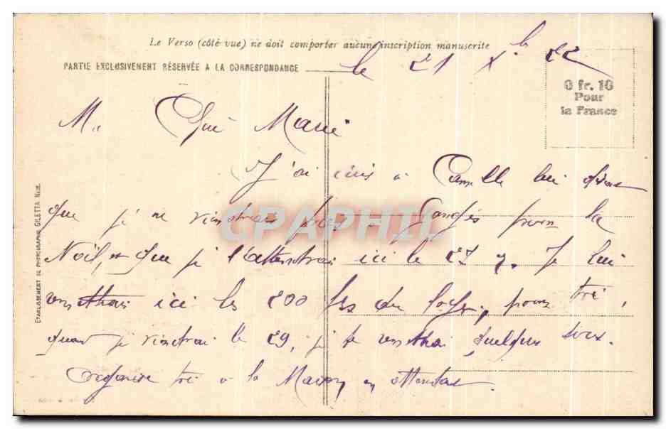 CPA Nice Cimiez et les Hotels — Rückseite