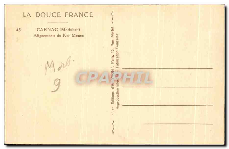 Alignements du Ker Ménec — Carnac (Morbihan) — Éditions d'Art 'VAN' Paris — Rückseite