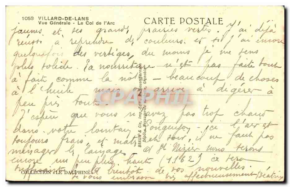Villard-de-Lans — Vue Générale - Le Col de l'Arc — B. Braun & Cie, Imp. et Lith. (Chambéry) — Reverso