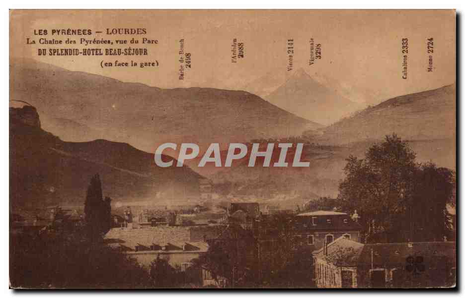 Les Pyrénées — Lourdes — Vue du Parc du Splendid-Hôtel Beau-Séjour (en face la gare)