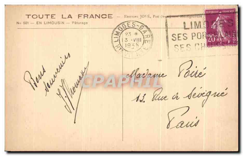 CPA La Douce France En Limousin Paturage — Rückseite