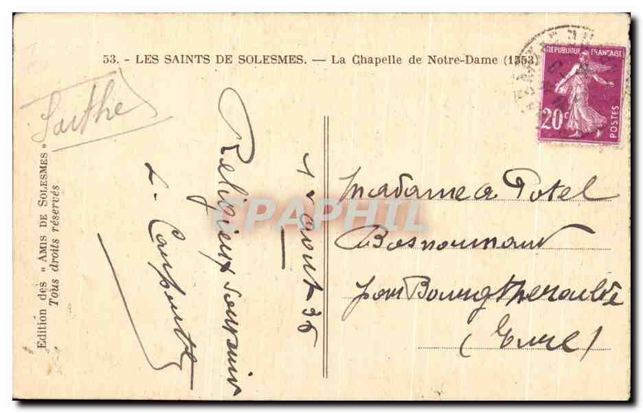 CPA Les Saints De Solesmes La Chapelle de Notre Dame — Verso