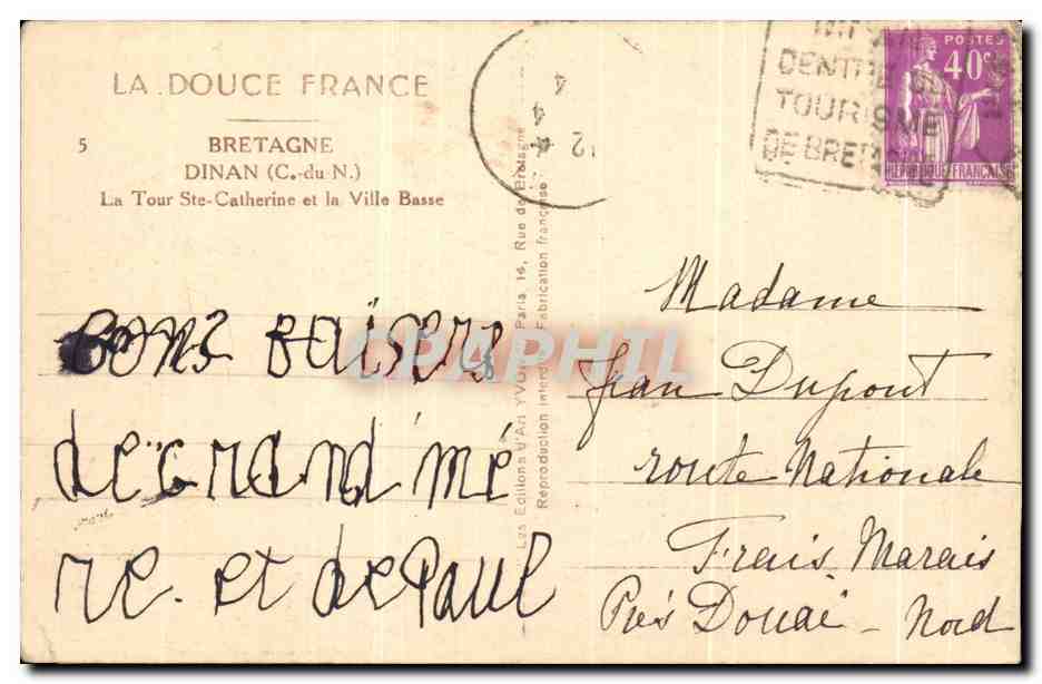 CPA Bretagne Dinan La Tour Ste Catherine et la Ville Basse — Rückseite