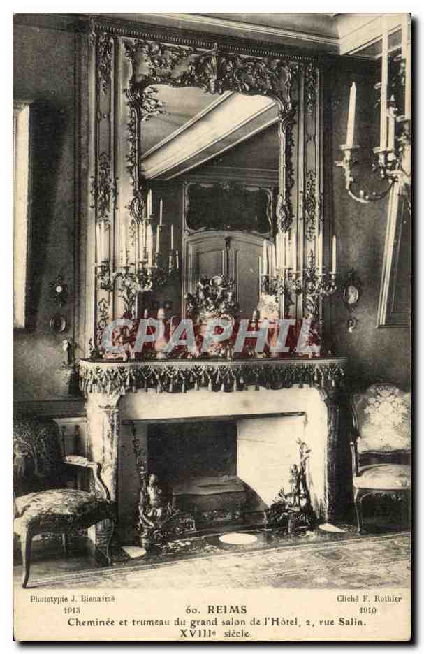 Reims — Cheminée et trumeau du grand salon de l'Hôtel, 2, rue Salin, XVIIIe siècle — Phototypie J. Bienaimé, 1913
