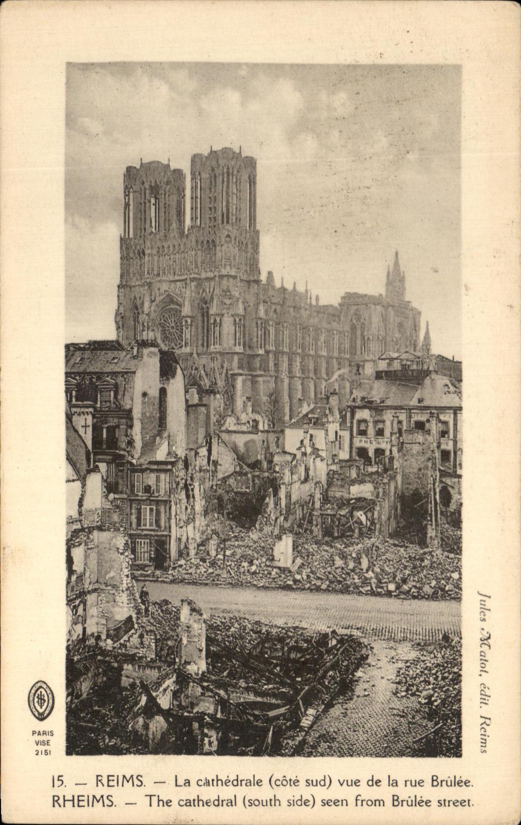 Reims — Die Kathedrale (Südseite) von der Rue Brûlée aus gesehen — Jules Macot, Verlag Reims, n°15