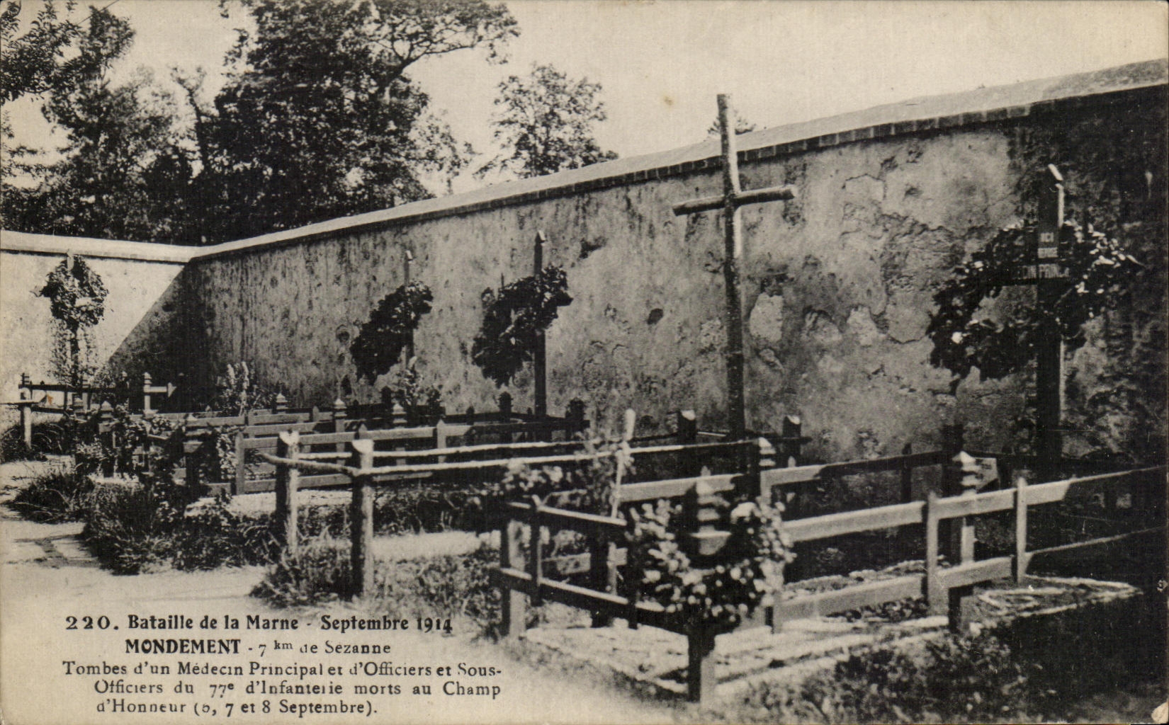 Bataille de la Marne — Tombes d'un Médecin Principal et d'Officiers et Sous-Officiers du 77e d'Infanterie morts au Champ d'Honneur — 7 km de Sezanne — Imprimerie Photomécanique L. MEXARD, Fontainebleau