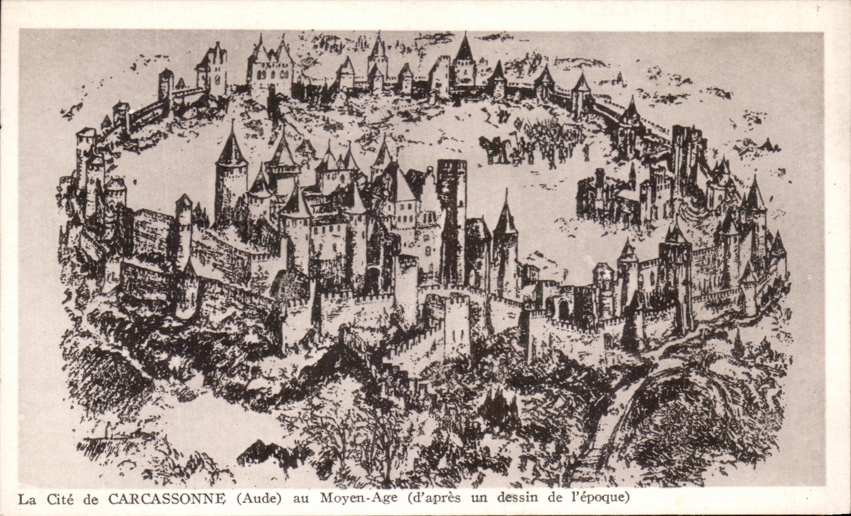 Cité de Carcassonne (Aude) au Moyen-Age — (d'après un dessin de l'époque)