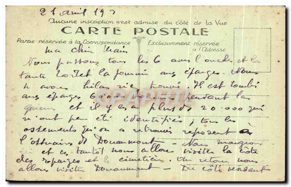 Les Éparges — Ravin de Souveaux, combats du 15 et 16 avril 1915 — éditeur non visible — Verso
