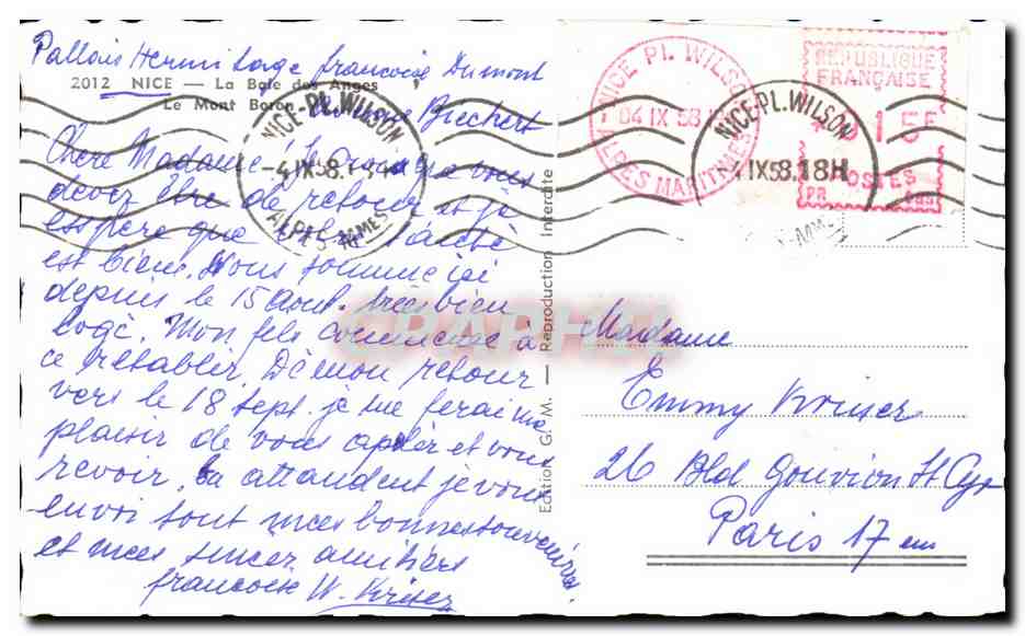 CPA Nice la baie des Anges Le Mont Boron — Rückseite