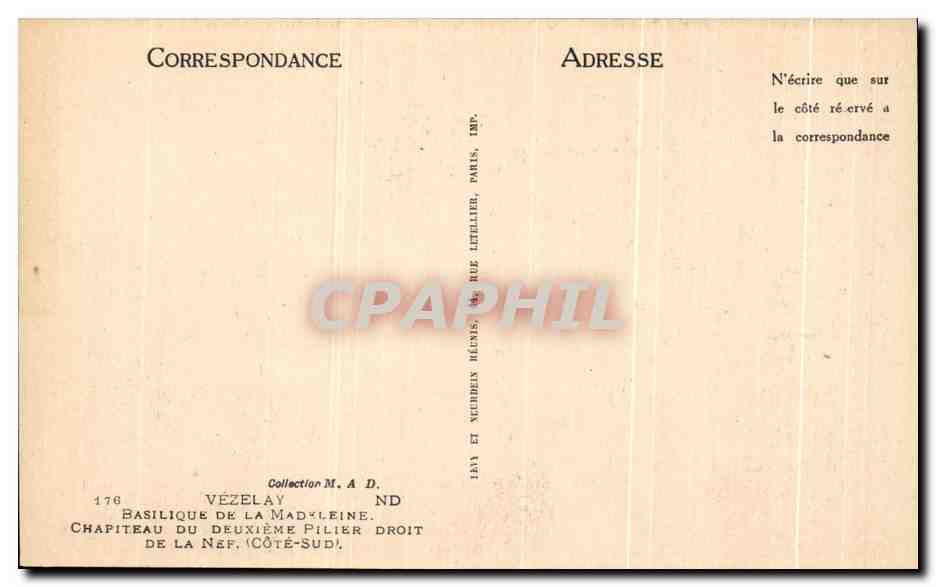 Basilique de la Madeleine — Chapiteau du deuxième pilier droit, côté sud — Collection M. A. D. — Achterkant