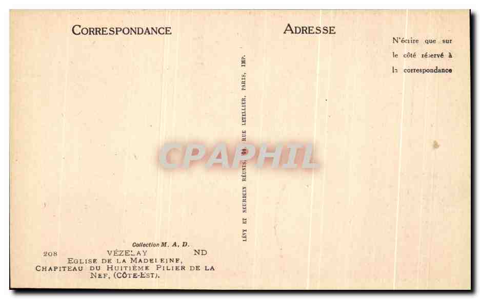 Chapiteau du huitième pilier de la nef — Vézelay — Éditeur : Lévy et Securenin, Paris — Verso