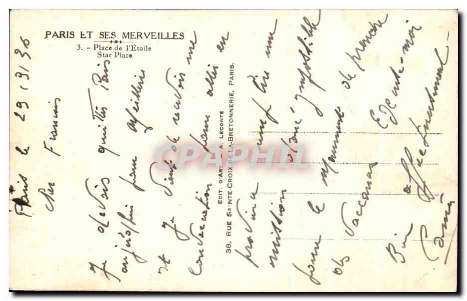 CPA Paris Et Ses Merveilles Place de L'Etoile — Rückseite