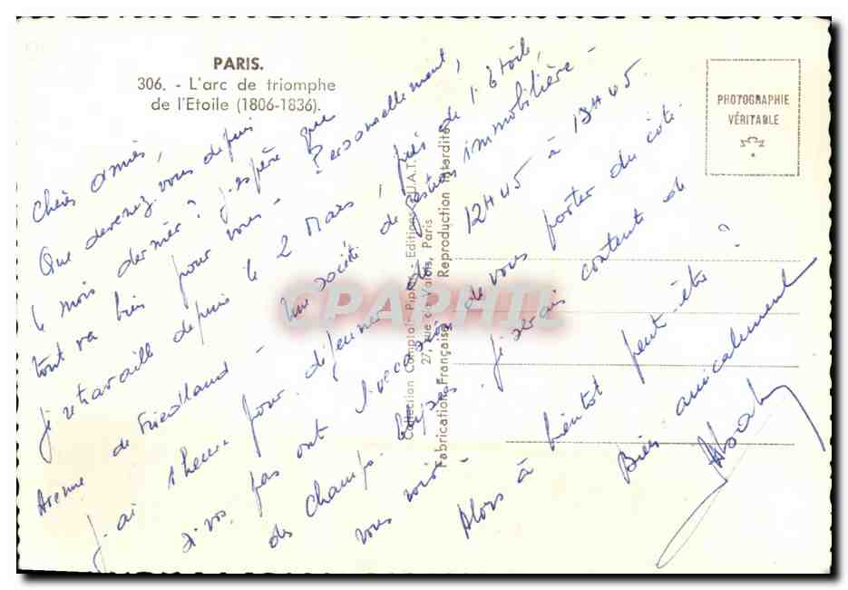 CPA Paris En Avion L'arc de Triomphe et Place de L'Etoile — Rückseite