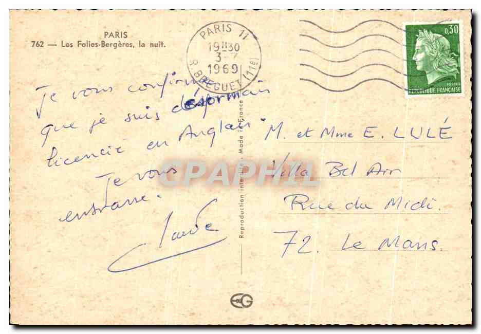 CPSM Paris Les Folies Bergeres la nuit — Rückseite