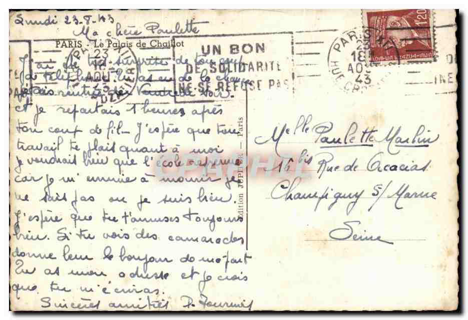 CPA Paris Place de Chailiot — Verso