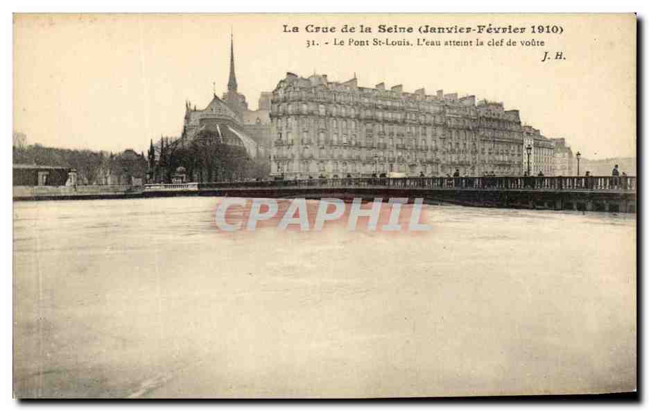 CPA Paris de la Seine Le pont St Louis L'eau atteint la clef de voute