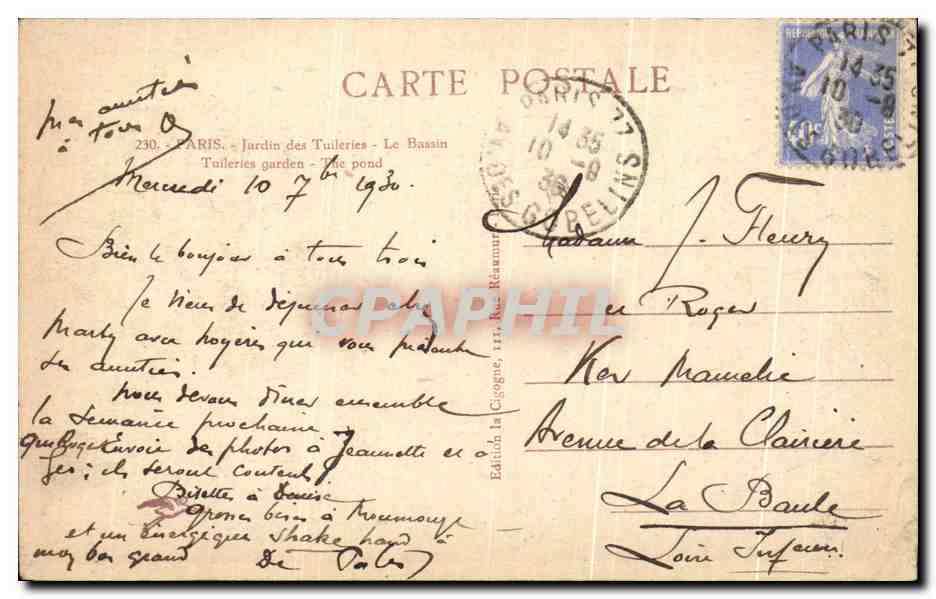 CPA Paris Jardin Des Tuileries Le Bassin — Verso
