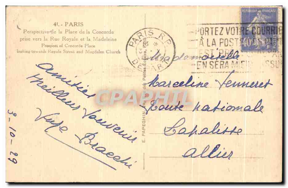 CPA Paris perspective de la Place de la Concorde prise vers la Rue Royale et la Madeleine — Rückseite