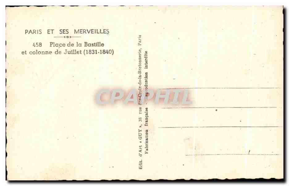 CPA Paris Et Ses Merveilles Place de la Bastille et colonne de Juillet — Rückseite