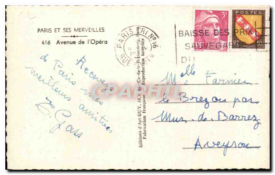 CPA Paris Et Ses Merveilles Avenue de L'Opera — Rückseite