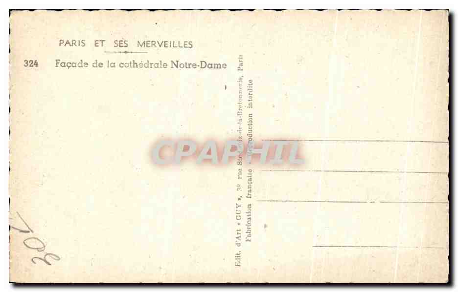 CPA Paris Facade de la Cathedrale Notre Dame — Verso