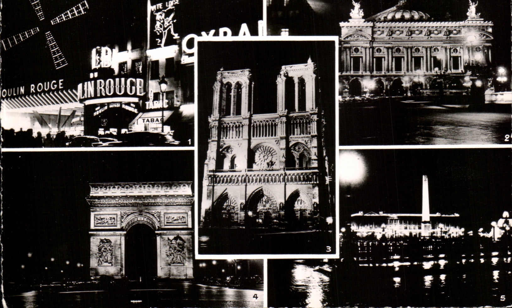 CPA Paris La Nuit Le moulin Rougee l'opera Notre Dame Arc de TRiomphe 
