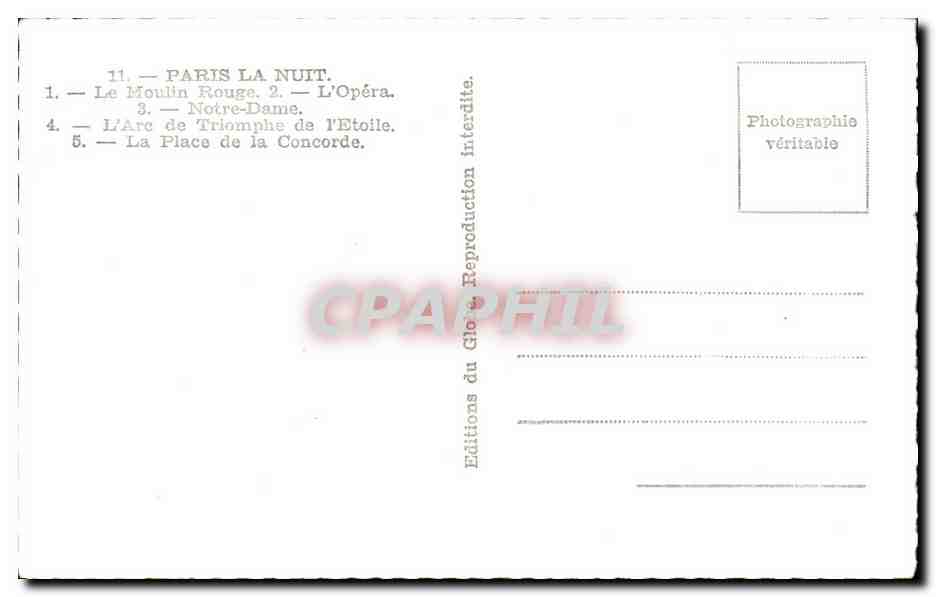 CPA Paris La Nuit Le moulin Rougee l'opera Notre Dame Arc de TRiomphe  — Rückseite
