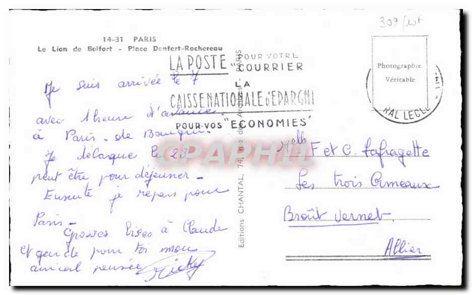 CPA Paris Le Lion de Belfort Place Denfert Rochereau — Rückseite