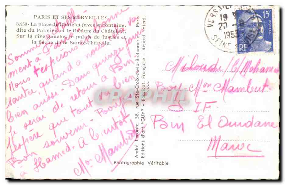 CPA Paris Et Ses Merveilles La Place du Chatelet Conciergerie  — Rückseite