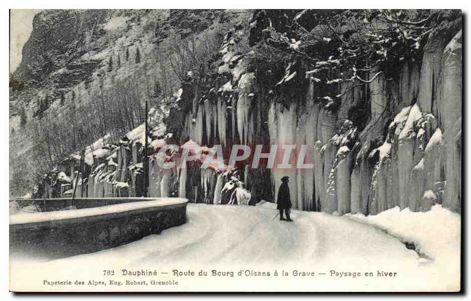 Route von Bourg d'Oisans nach la Grave — Winterlandschaft — Papetorie des Alpes, Eug. Robert, Grenoble
