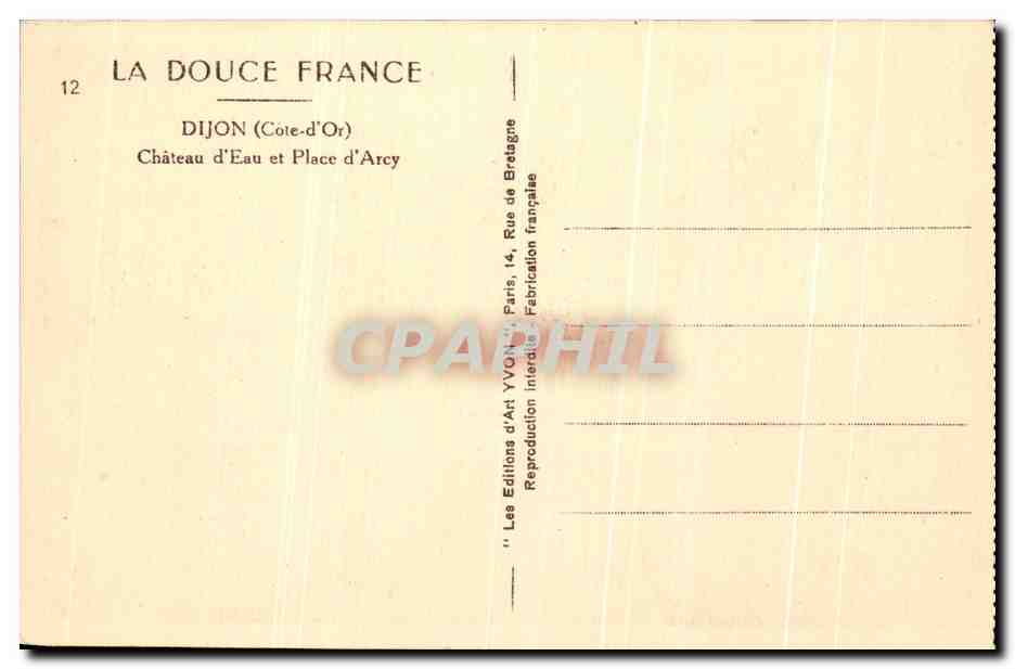 CPA Dijon Chateau d'Eau et Place d'Arcy — Verso