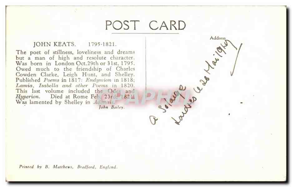 CPA John Keats William Hilton Joseph Severn National portrait Gallery  — Verso