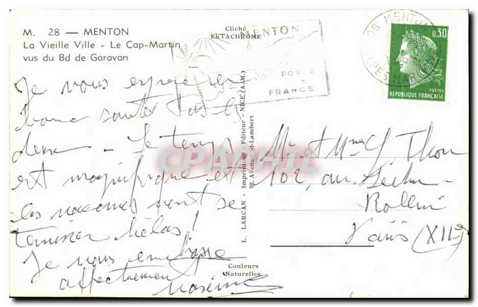 CPA Menton La Vieille Ville Le Cap Martin vus du Bd de Garavan — Verso