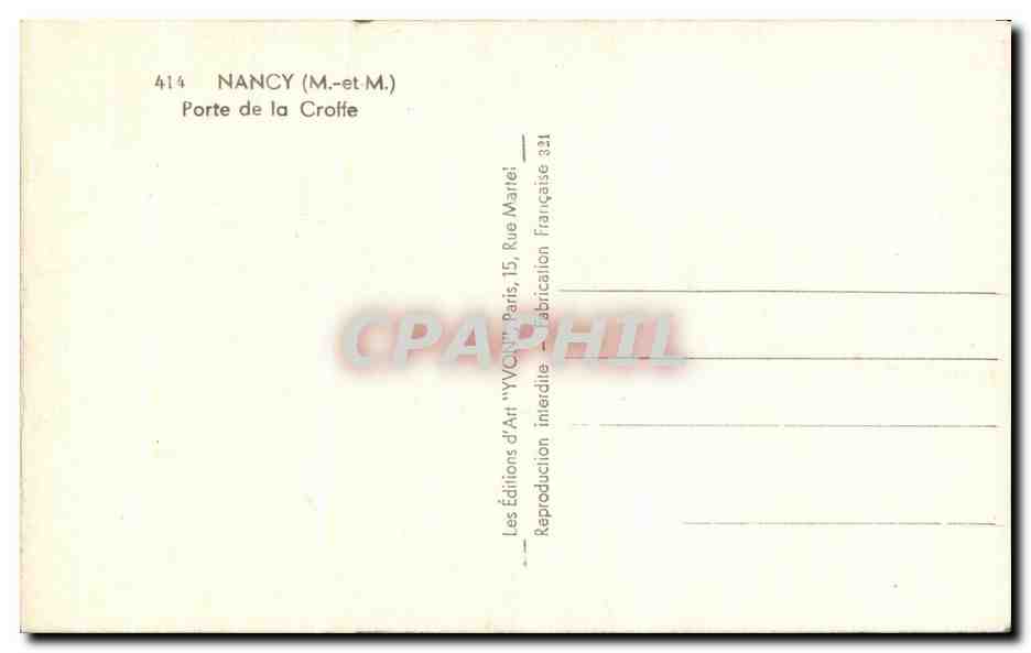 CPA Nancy Porte de la Croffe — Verso