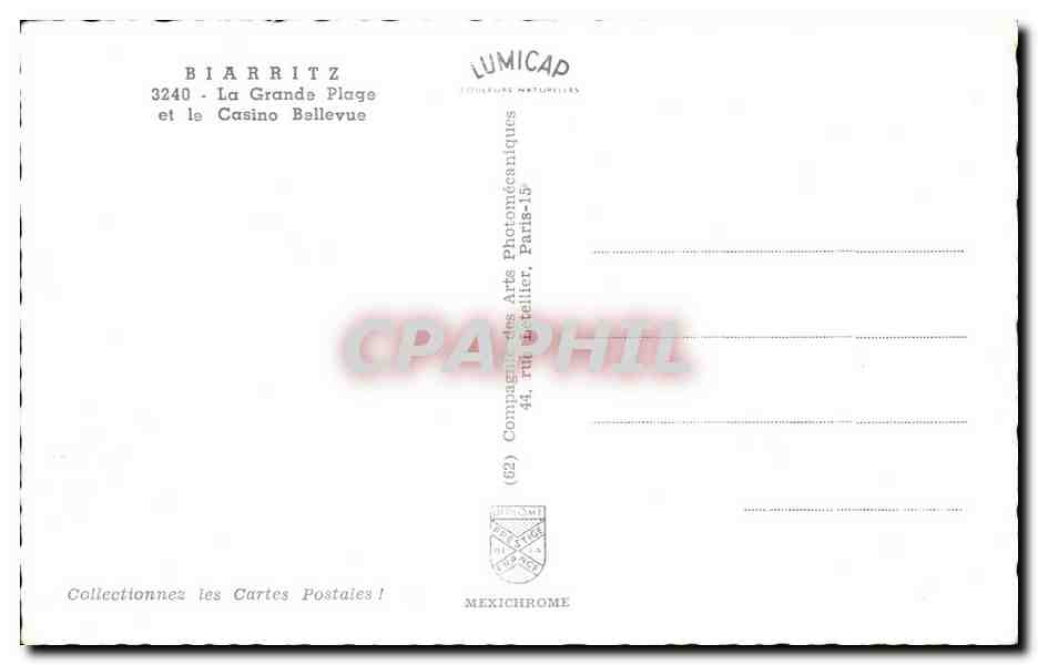 CPA Biarritz la grande Plage et le Casino Bellevue — Verso
