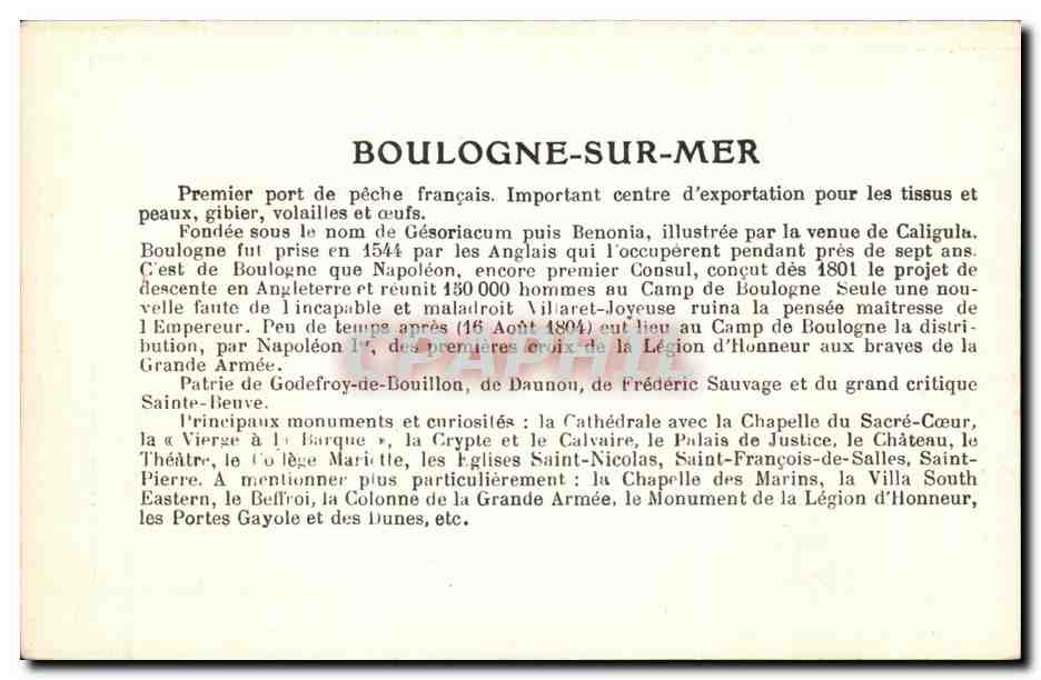 Boulogne-sur-Mer — illustratieve ansichtkaart met plattegrond en historische beschrijving — uitgever niet zichtbaar — Achterkant