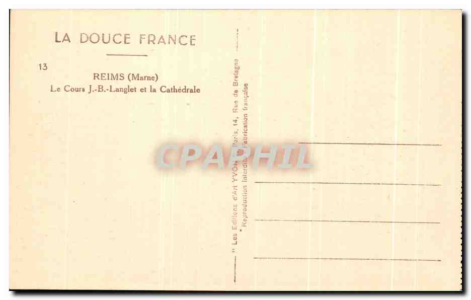 CPA Reims Le Cours Langlet et la Cathedrale — Verso