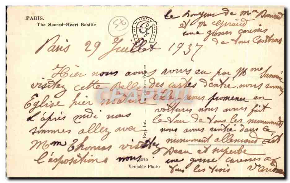 Paris - Basilique du Sacré-Cœur — éditeur Grima — Rückseite