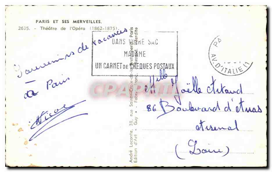 CPA Paris Et Ses Merveilles Theatre de L'Opera — Rückseite