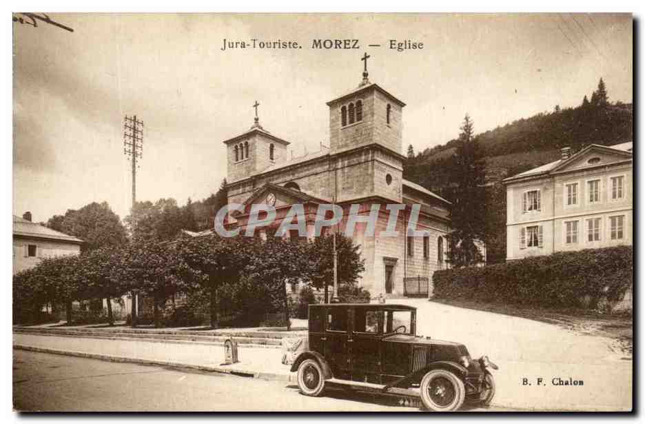 CPA Jura Touriste Morez Eglise Automobile